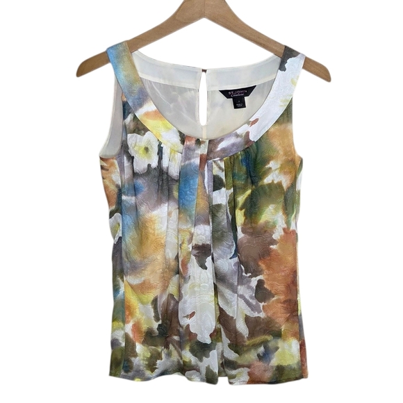 St. John Couture | Abstract Floral Earthtone Print Silk Blend Tank Top Size 2 - Picture 1 of 6